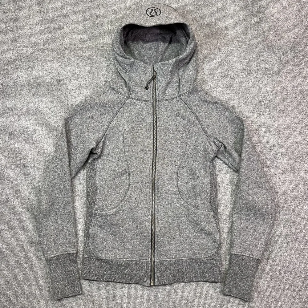 Lululemon Hoodie Womens 4 Gray Scuba Full Zip Fleece Sweatshirt Thumbholes Logo